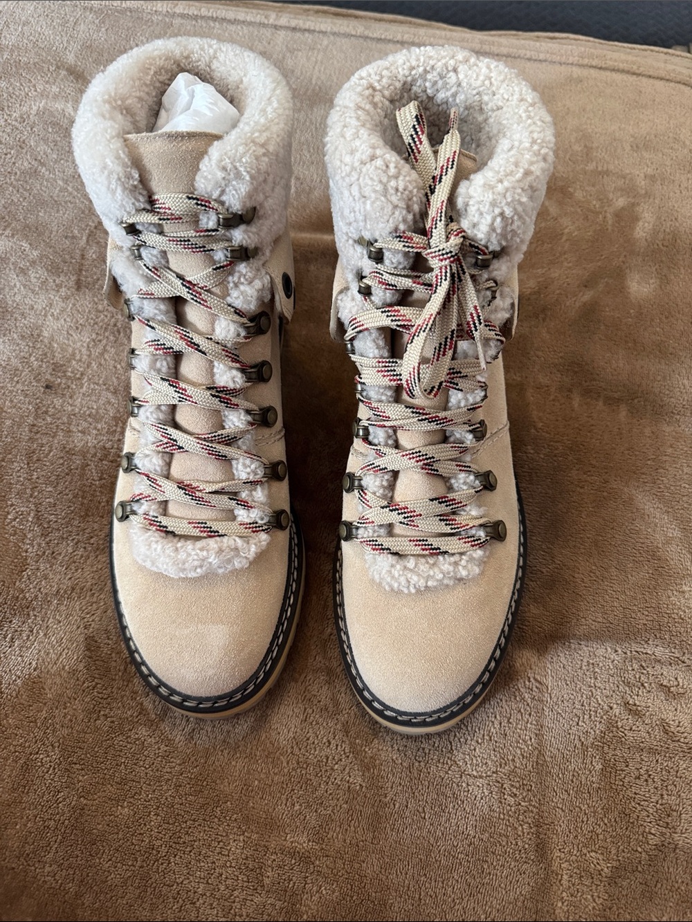 See By Chloe Beige Shearling-Trim Lace-Up Winter Boots